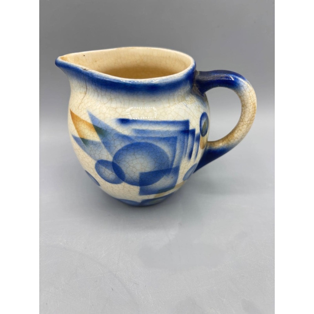 Vtg Czech Art Deco Pitcher Blue Geometric Design‎ Celebrant Spritzdecor Creamer